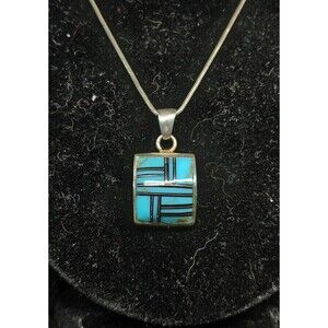 Native American Sterling Silver Turquoise Inlay Necklace Adjustable 20" - 22"